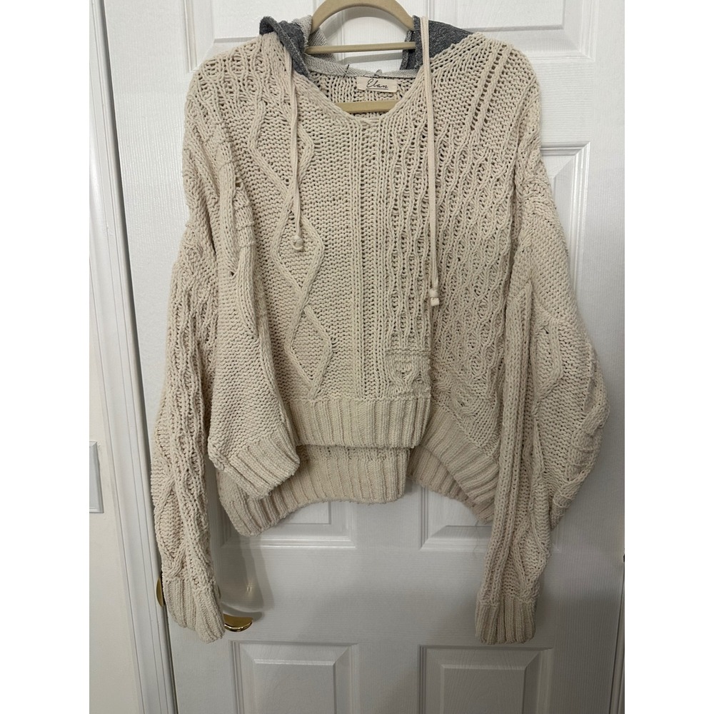 Elan Cable Knit Sweater Hoodie Cream Gray Chunky Pullover Relaxed Fit Boho